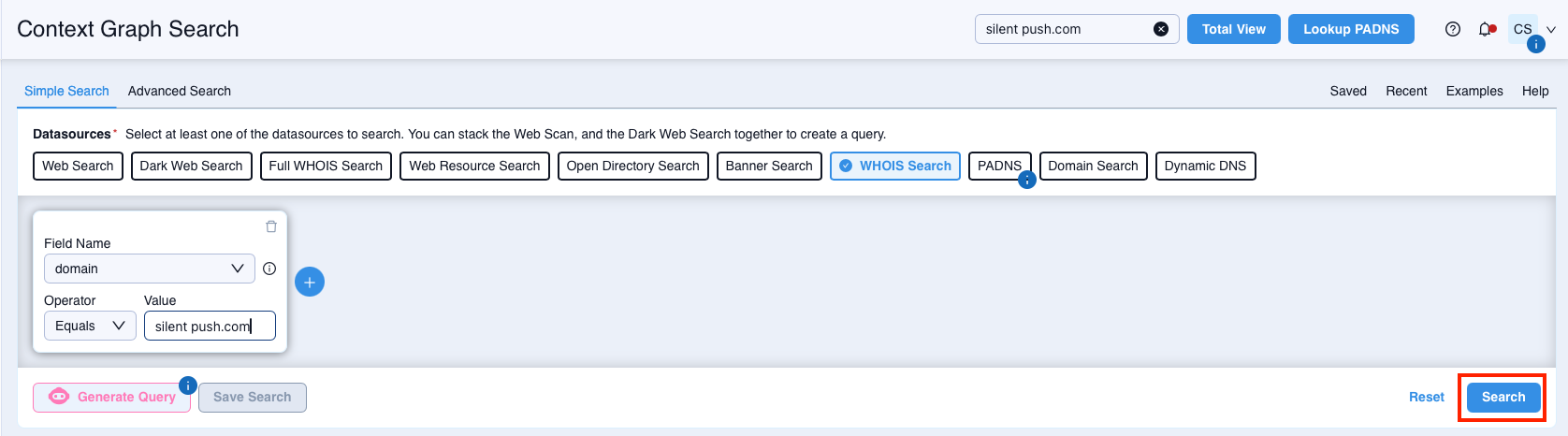 Search interface displaying data sources and query options for domain search.